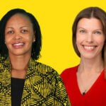 Composite image of Lucy Nyaga and Katri Bertram. Both are smiling in front of a bright yellow background. Lucy is the new International Director of Programmes and Katri is International Director of Impact & Advocacy.